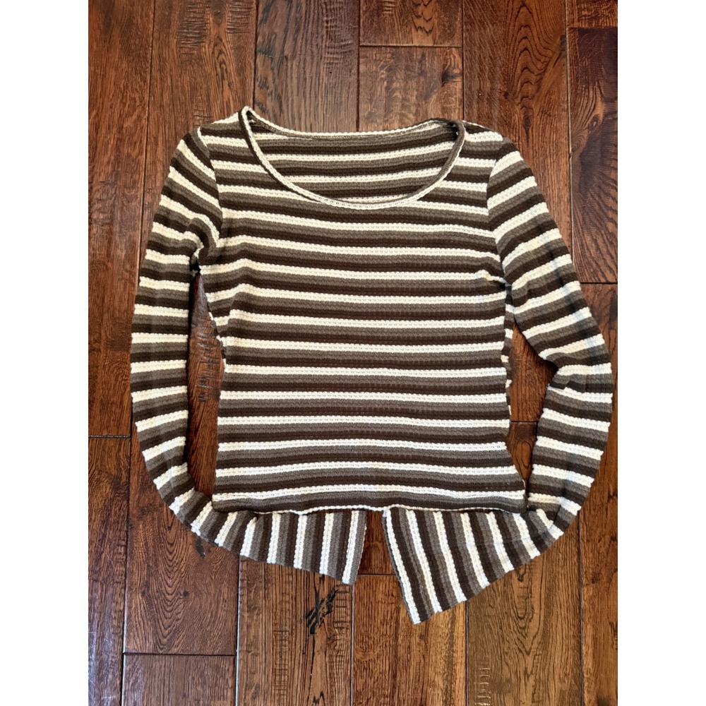 Dazy Brown Striped Long Sleeve Textured Knit Scoop Neck Top preppy Size L